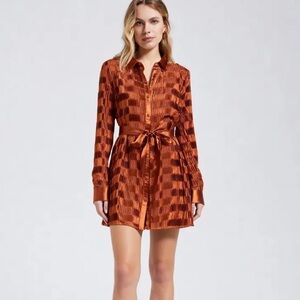 Rust Satin Pleated Shirt Dress (Missing Belt)​